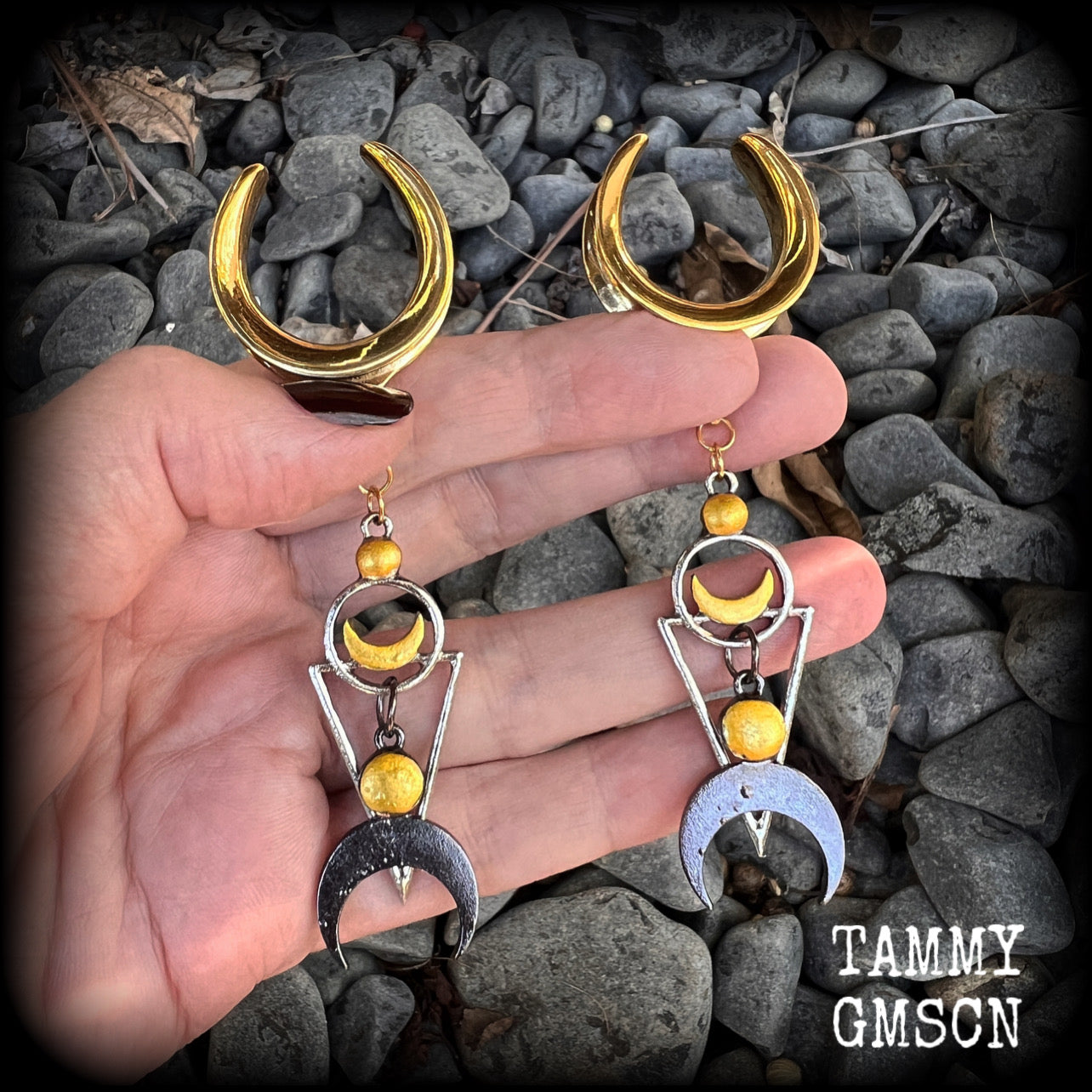 Crescent moon and inverted triangle hanging gauges-Occult gauges