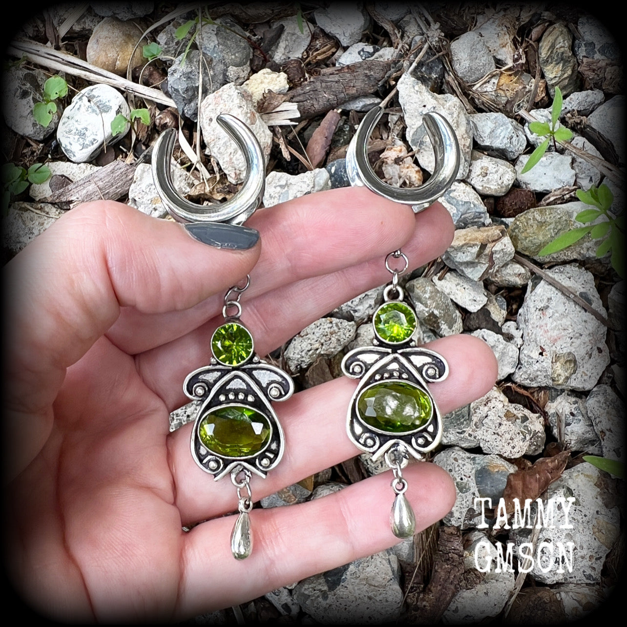 Peridot gauged earrings-Boho ear weights