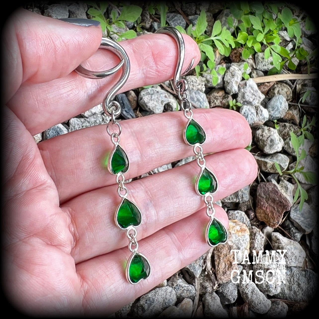 Emerald green gemstone gauged earrings-Boho earrings