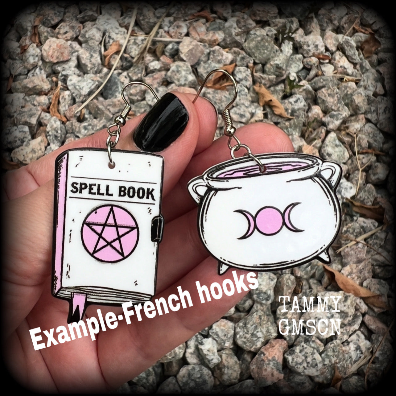 These awesome spooky cute pastel goth earrings feature baby pink and white witches spell books and cauldron charms, are nice and light weight at only a few grams each, and are nice and dangly, measuring just on 6cms from tip to tip.  This pair has been made on with stainless steel french hooks, suitable for pierced ears.