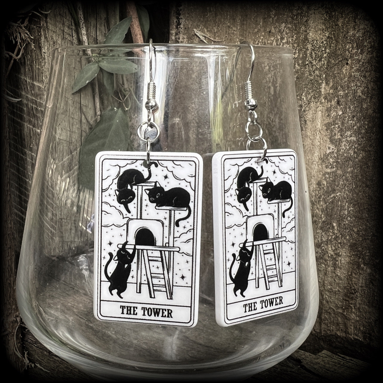 The Cat Tower tarot card earrings