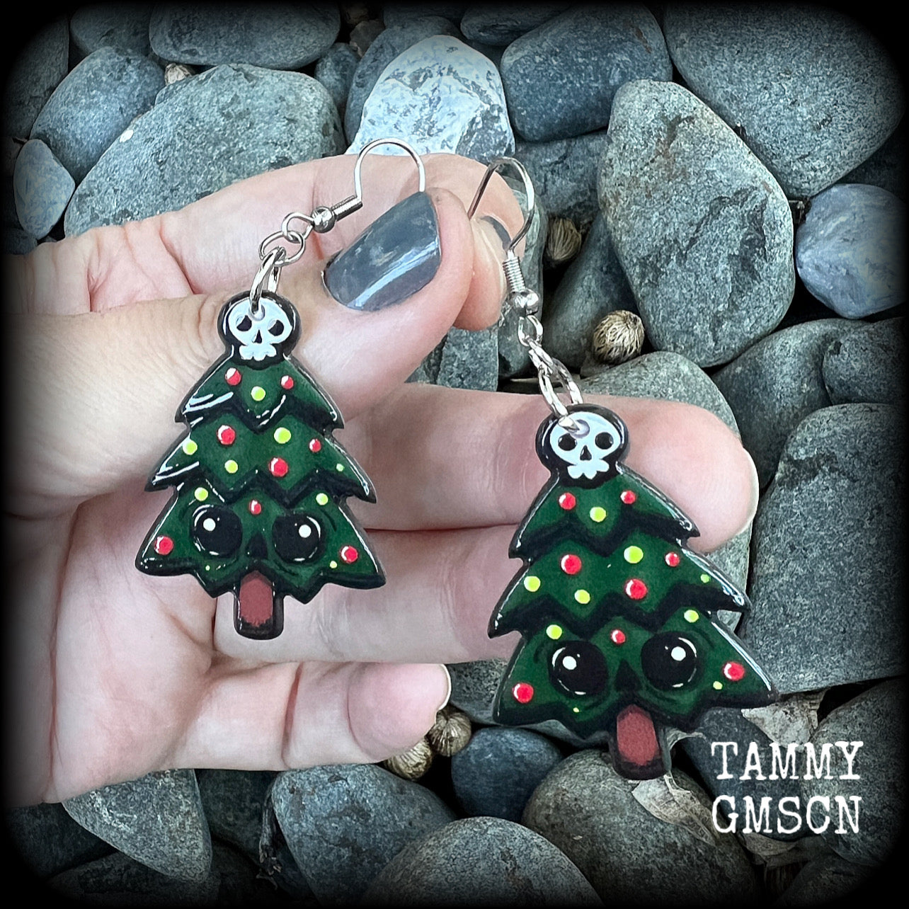 Christmas earrings Skull earrings Gothic Christmas earrings Black Friday Krampus earrings Stocking stuffers Spooky cute Pastel goth Acrylic earrings Festive season Yule Summer solstice jewelry Yuletide earrings Pierced ears Clip ons Gifts for goths