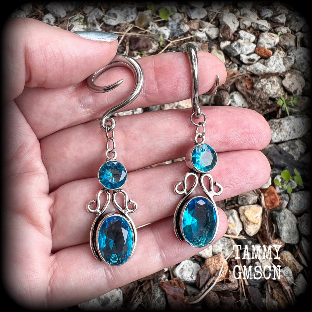 Blue topaz boho hanging gauges-Gemstone ear weights