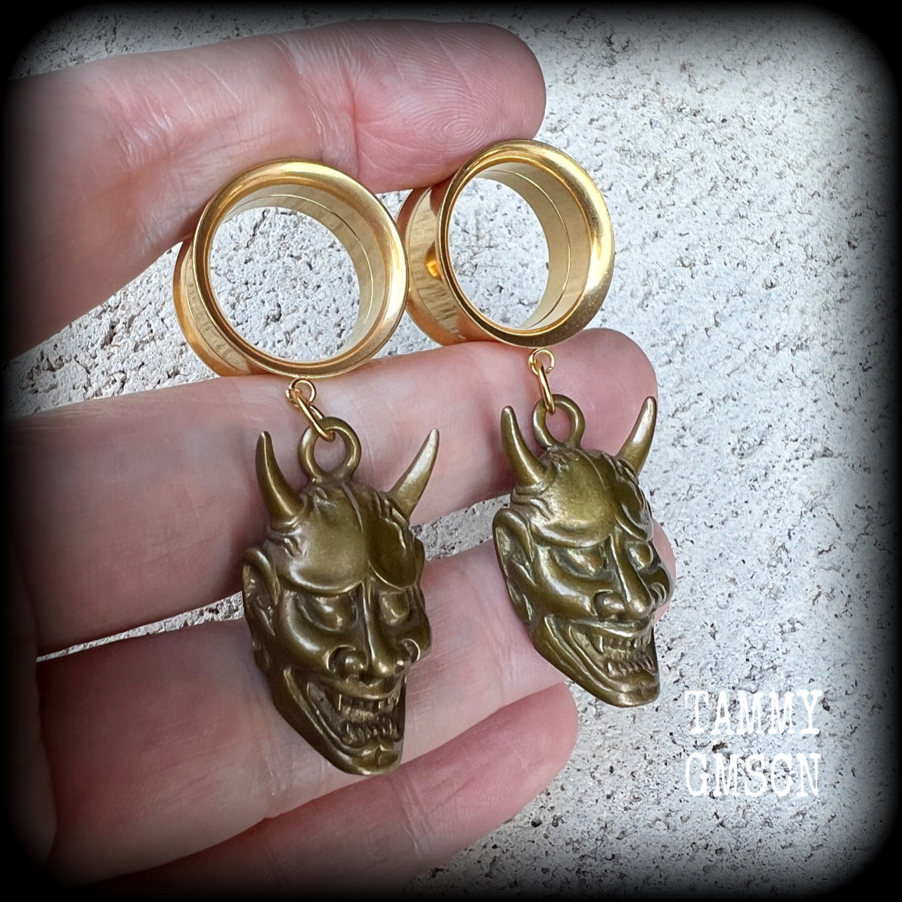 Brass hannya tunnel earrings-Japanese earrings