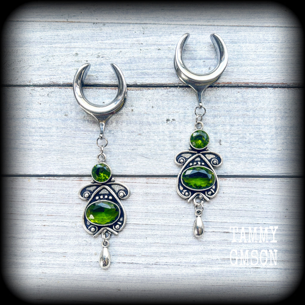 Peridot gauged earrings-Boho ear weights