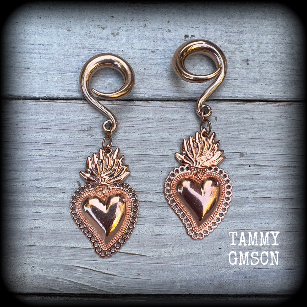 Sacred heart earrings Sacred heart ear weights Milagros heart ear hangers Folk art earrings Folk horror jewelry Ear jewellery Gauged earrings Flaming heart jewellery Santeria Voodoo Vodou Tattoo jewelry