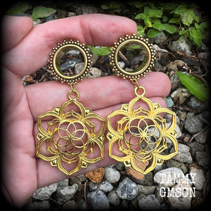 Flower of life earrings Tunnel dangles Tunnel earrings Gauged earrings Ear gauges Geometric earrings Esoteric earrings 16mm tunnels