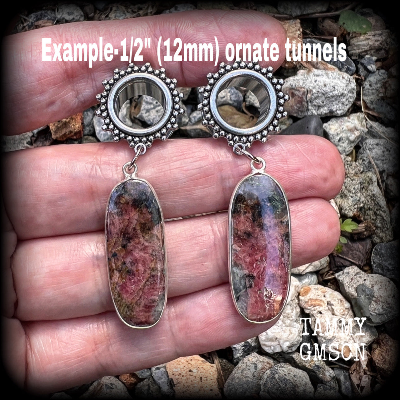 Gemstone tunnel earrings Rhodochrosite earrings 12mm tunnel dangles  Gauged earrings  Body jewelry 2g 0g 00g 1/2" 9/16" 5/8" 7/8" 3/4" 1" 1.10" 1.18" Earrings for stretched ears Gauged ears Stretched lobes