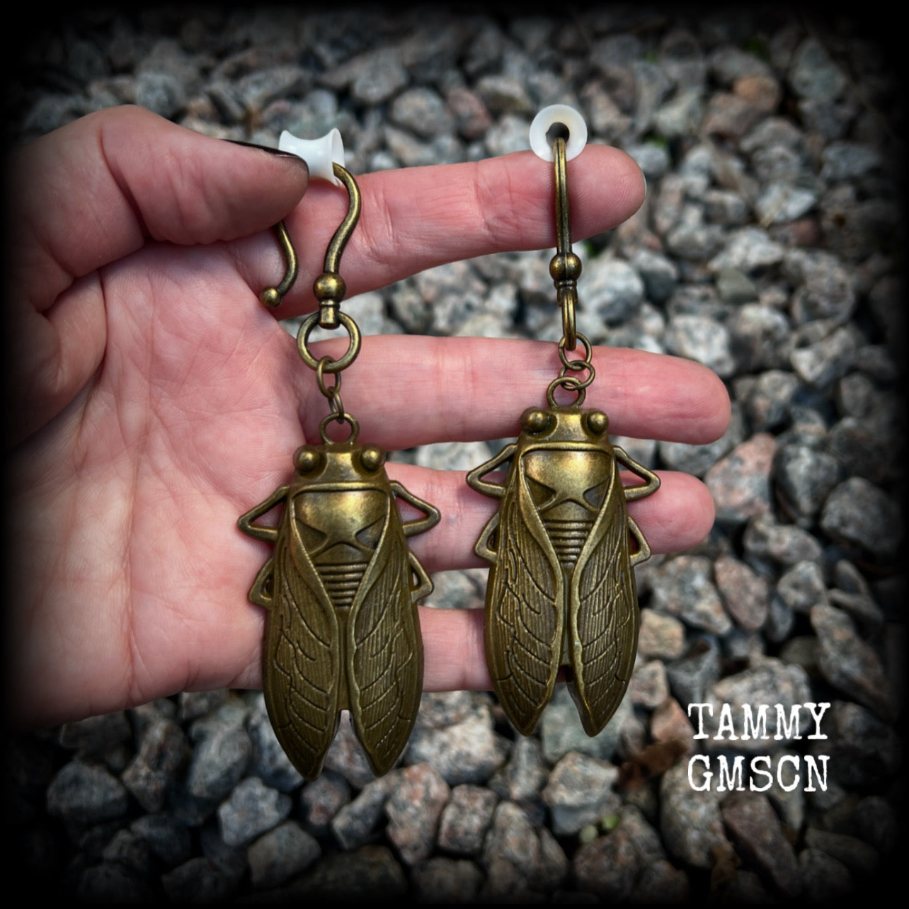 Antique bronze cicada earrings-Insect ear hangers