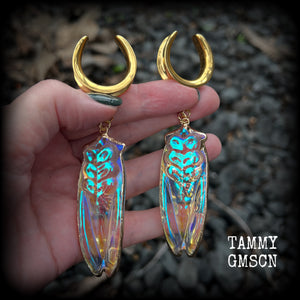 These big beautiful quartz cicada gauged earrings feature gorgeous shimmering quartz and antique gold cicadas, nice and dangly, measuring just over 11cms from tip to tip, and weighing approx 30 grams each.
This pair has been made on 1” gauge (25mm) surgical steel cradles, to be worn in stretched lobes.