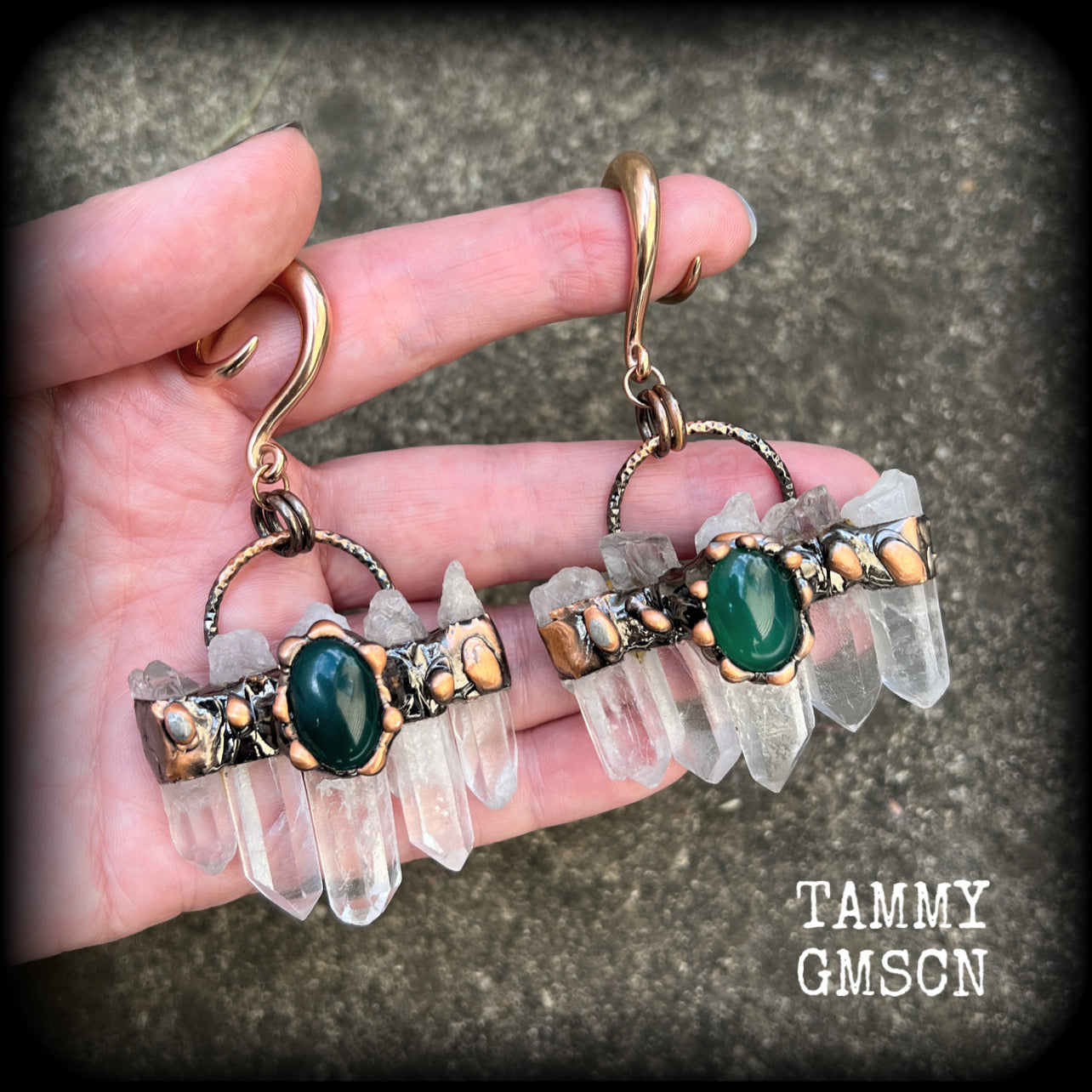 Clear quartz and green cabachon ear weights