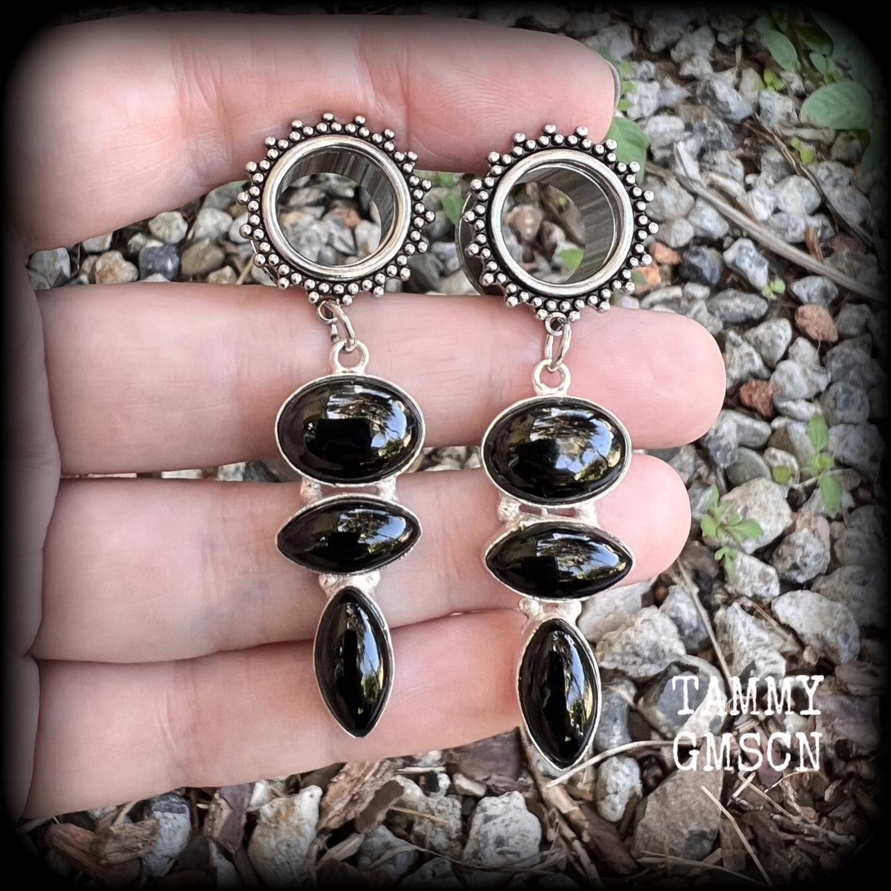 Black onyx tunnel dangles-Ornate tunnels