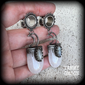 Ornate Clear quartz tunnel dangles