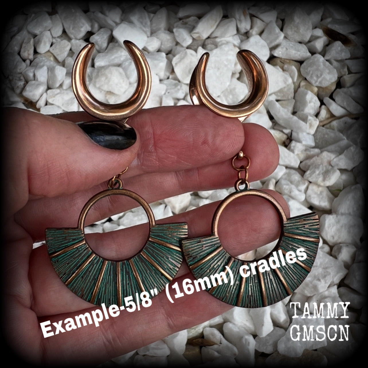 Inspired by Ishtar, Mesopotamian Goddess of love, beauty, sex and war, these beautiful patina and rose gold battle shield gauged earrings weigh approx 8 grams a piece, and measure just under 7 cms from tip to tip.

This pair have been made on 5/8” gauge (16mm) surgical steel cradles, suitable for stretched lobes.