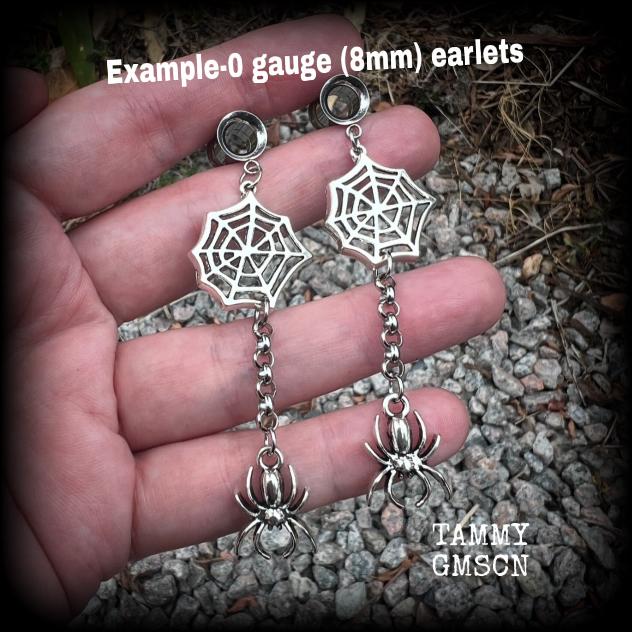 Spider and web tunnel dangles-Spider tunnel earrings