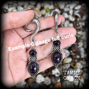 Amethyst jewelry Amethyst ear weights 0 gauge ear weights Ear gauges Amethyst gauged earrings Gemstone gauged earrings Gemstone ear weights Ear hangers Witchy jewelry Gauged ears 4mm 6mm 8mm 10mm 12mm 14mm 16mm 19mm 22mm 25mm 28mm 30mm Gypsy boho