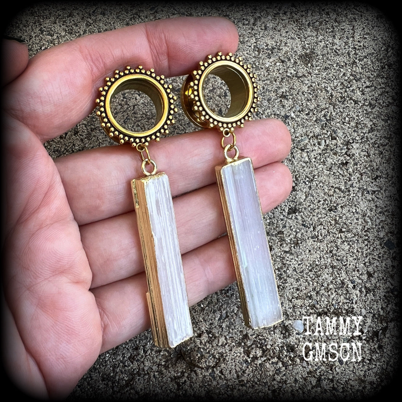 Ornate Selenite tunnels-Boho gemstone tunnel earrings