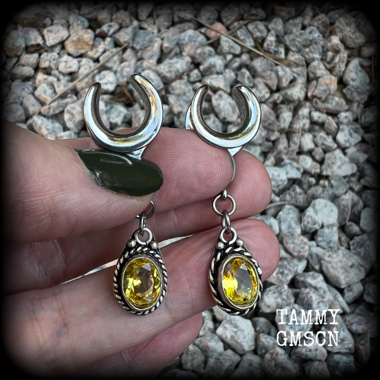 These beautiful boho gauged earrings have been made with gorgeous yellow citrine gemstones, lovely and dangly at approx 4.5cms from tip to tip, and weighing approx 5 grams each.  These earrings have been made on 1/2” gauge (12mm) surgical steel cradles, to be worn in stretched lobes.