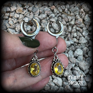These beautiful boho gauged earrings have been made with gorgeous yellow citrine gemstones, lovely and dangly at approx 4.5cms from tip to tip, and weighing approx 5 grams each.  These earrings have been made on 1/2” gauge (12mm) surgical steel cradles, to be worn in stretched lobes.