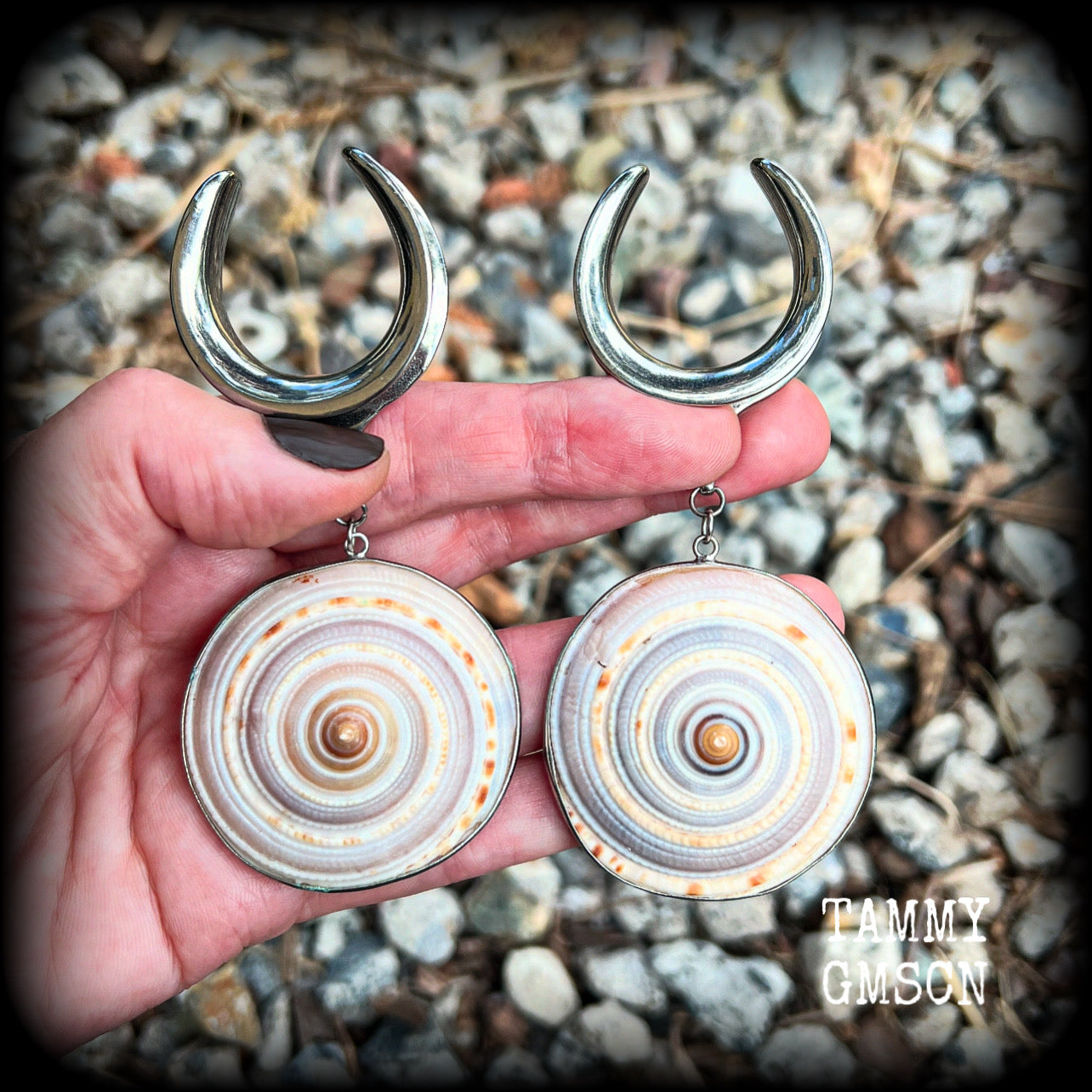 These gauged earrings feature beautiful big Giant sundail sea snail shells weighing in at 25 grams a piece, and nice and dangly at just over 10cms from tip to tip. 
This pair has been made on 1.18” gauge (30mm) surgical steel cradles