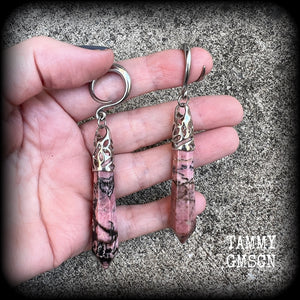 Rhodonite earrings Rhodonite jewelry Gemstone gauged earrings Gemstone ear weights 6 gauge ear weights Ear hangers Ear gauges Tunnel earrings Tunnel dangles Body jewelry Stretched ears Lobes 4mm 6mm 8mm 10mm 12mm 14mm 16mm 19mm 22mm 25mm 28mm 30mm 