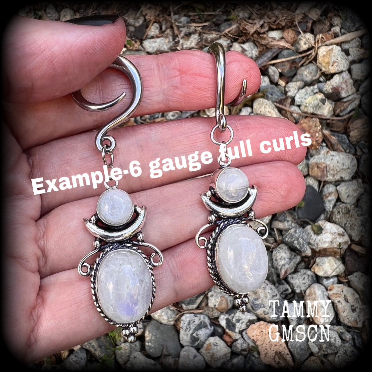 Rainbow moonstone earrings Gemstone gauged earrings Gemstone ear hangers 6 gauge tunnel dangles Gemstone ear weights 