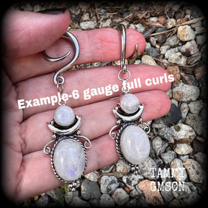 Rainbow moonstone earrings Gemstone gauged earrings Gemstone ear hangers 6 gauge tunnel dangles Gemstone ear weights 