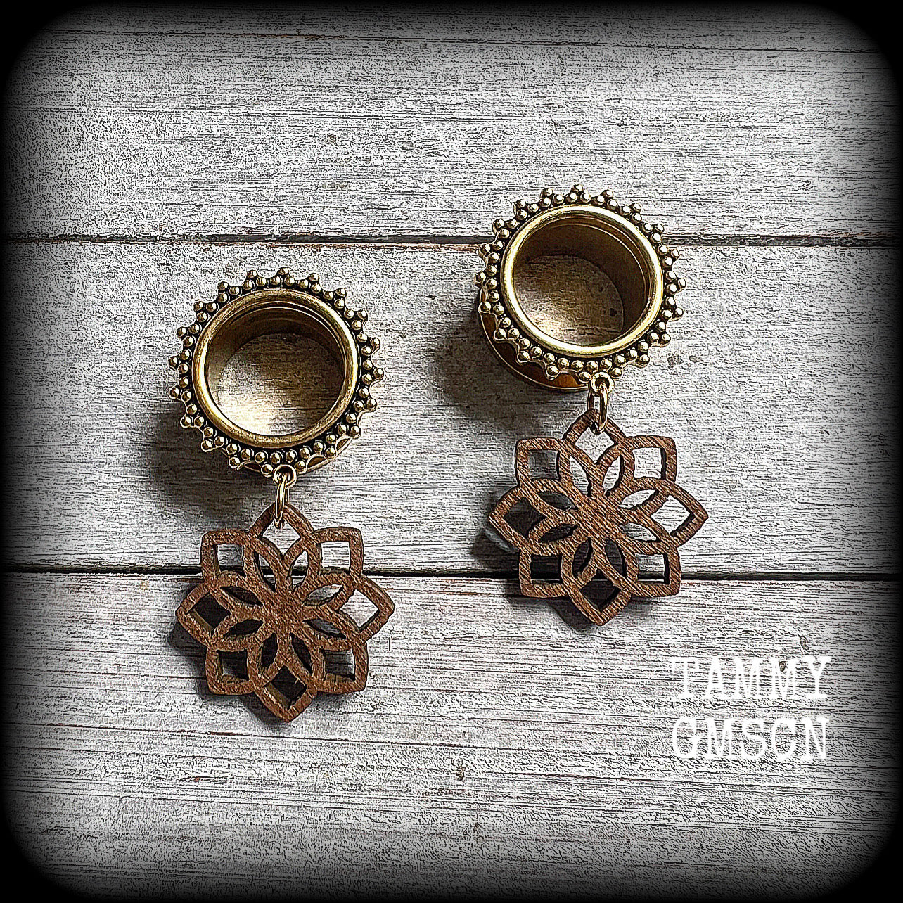 Wood mandala tunnel dangles-Boho gauges