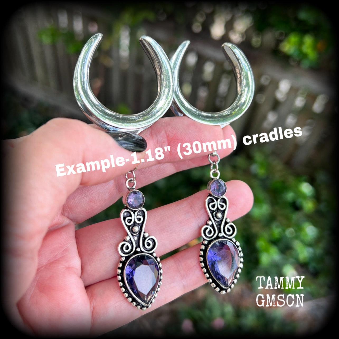 These gorgeous gauged earrings feature beautiful purple facet amethyst gemstones in an antique silver boho setting, measuring just over 9.5 from tip to tip, and weighing approx 17 grams a piece.

This pair have been made on 1.18” gauge (30mm) surgical steel cradles-suitable for stretched lobes.