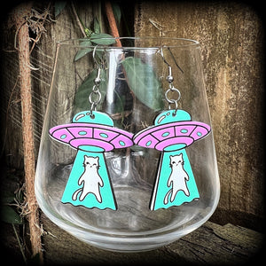 These adorable pastel purple 'UFO cat abduction' earrings measure just over 6cms from tip to tip, and weigh only a few grams each.


This pair has been made on stainless steel french hooks, suitable for pierced ears.