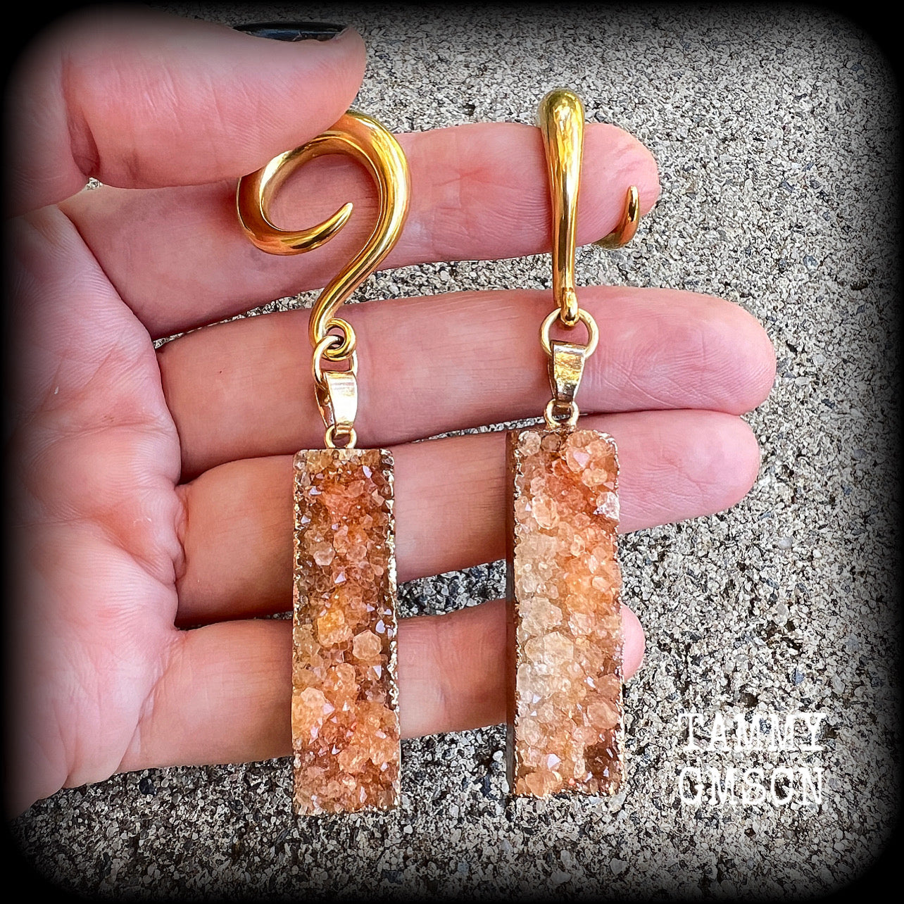 Burnt orange druzy crystal gauged earrings-Ear hangers