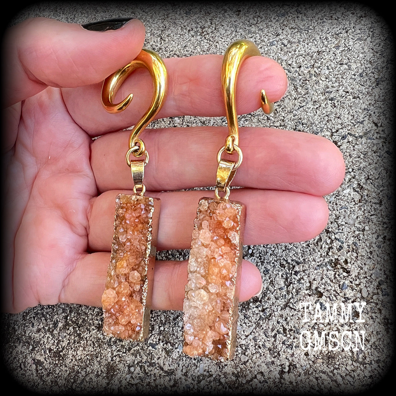 Burnt orange druzy crystal gauged earrings-Ear hangers