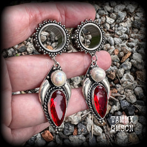 These earrings have gorgeous freshwater pearls and red garnet gemstones in a boho antique silver setting, weighing approx 13 grams each and measuring approx 7cms from tip to tip, made with 5/8" (16mm) gauge ornate surgical steel screw fit tunnels.