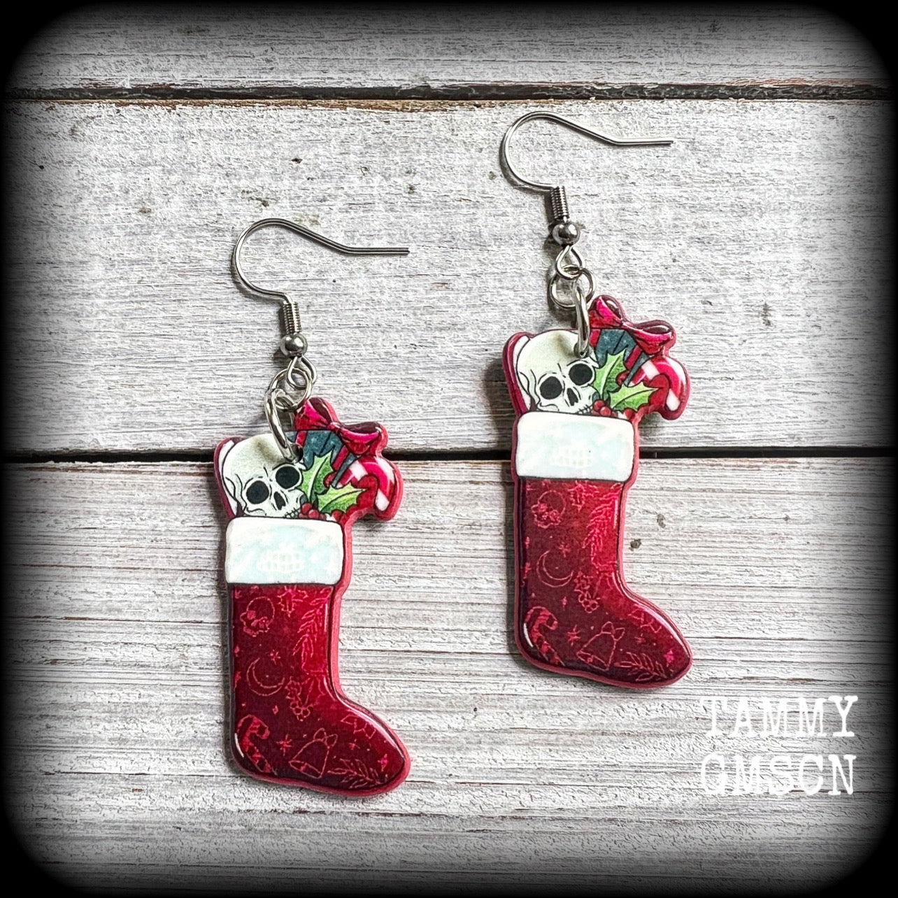 Gothic Santa stocking earrings-Christmas earrings