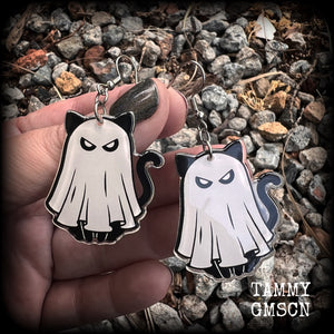 Ghost cat earrings Supernatural kitty earrings Crazy cat lady earrings cat jewellery Halloween earrings Gauged earrings Pierced ears Ear gauges Los Muertos earrings Day of the Dead earrings Samhain earrings Samhain jewelry Witches cat Spectre