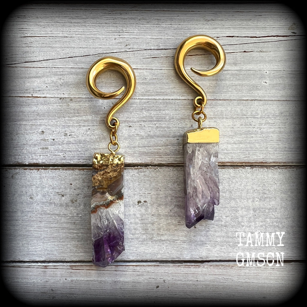 Raw Amethyst gauged earrings