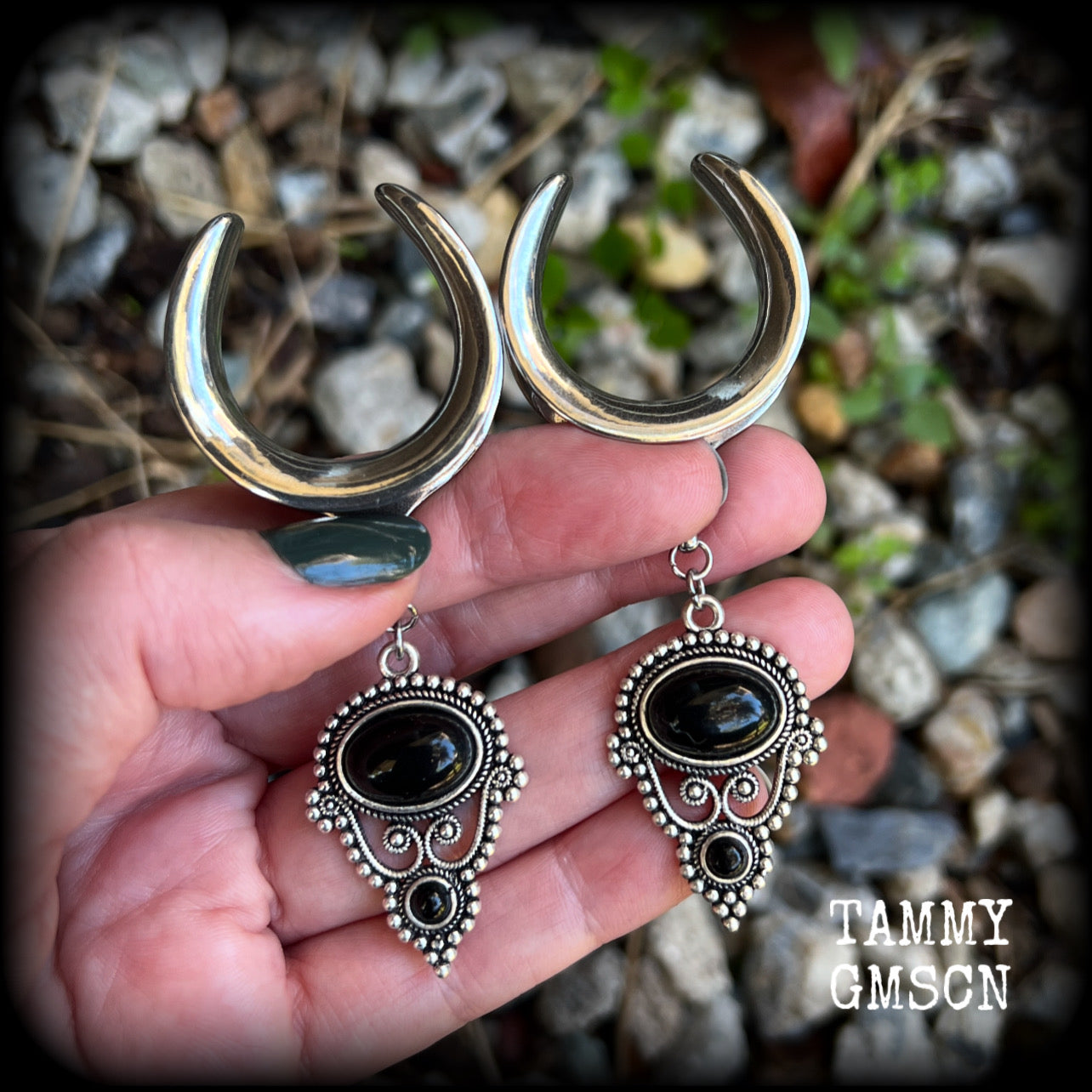 These beautiful ear hangers have been made with gorgeous pitch black obsidian gemstones in an antique silver boho setting, lovely and dangly at 8.5cm from tip to tip, and weighing approx 15 grams each.

These earrings have been made on 1.18” gauge (30mm) surgical steel cradles, to be worn in stretched lobes.