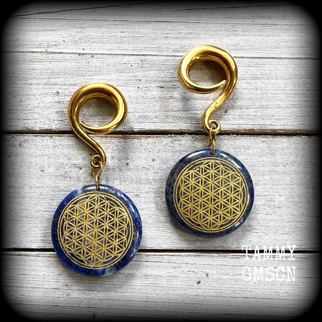 Lapis lazuli flower of life gauged earrings-Ear hangers