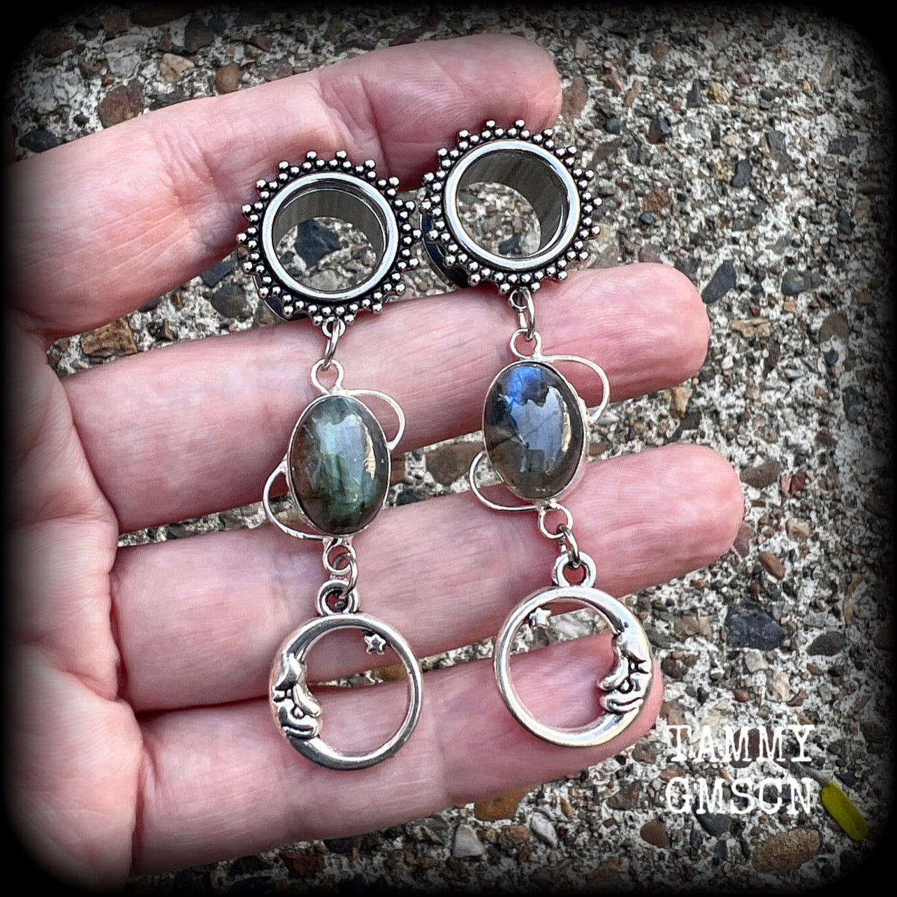 Moon goddess tunnel earrings-Labradorite gemstone tunnels