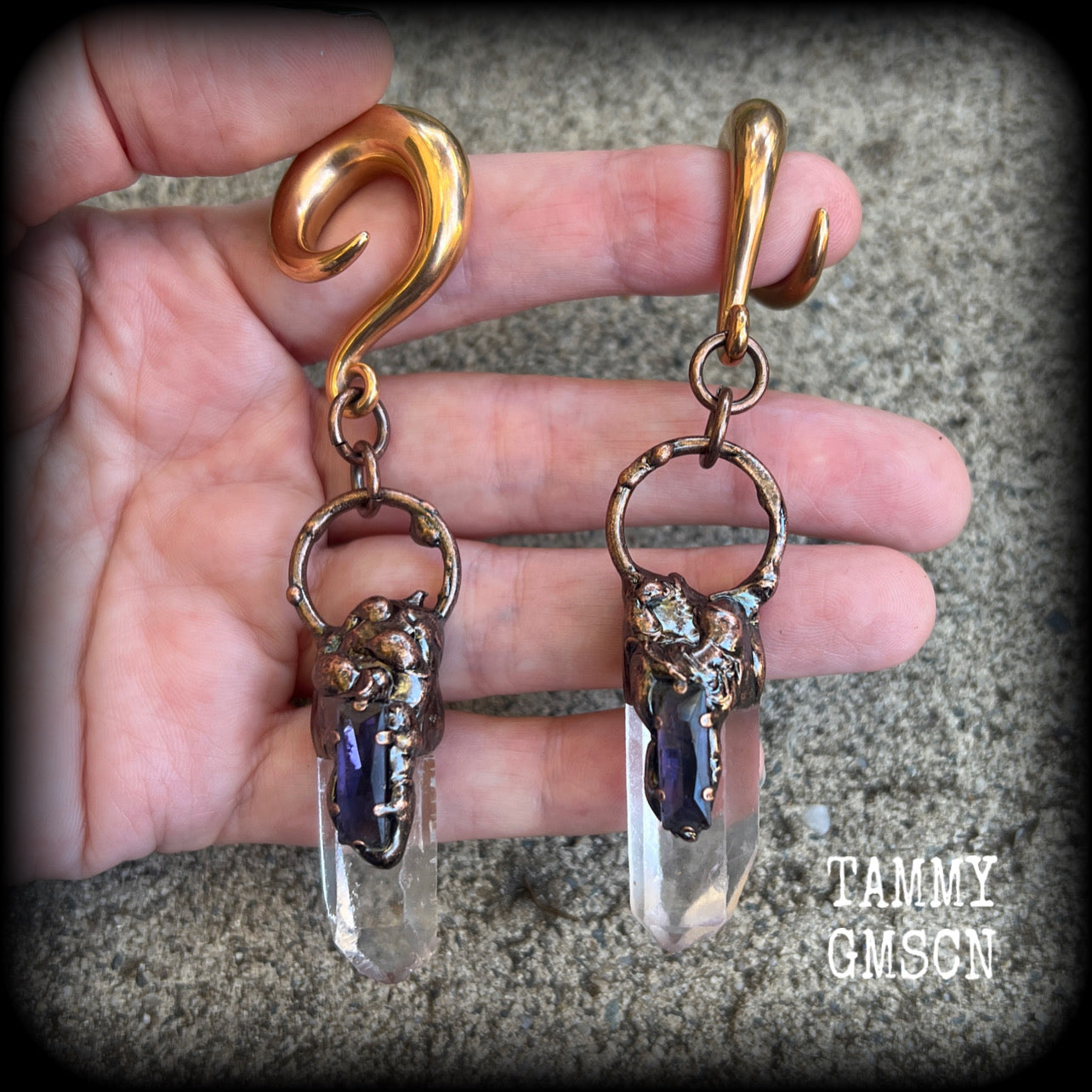 Quartz and amethyst gauged earrings-Gemstone ear weights