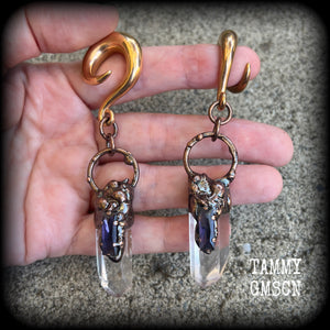 Quartz and amethyst gauged earrings-Gemstone ear weights