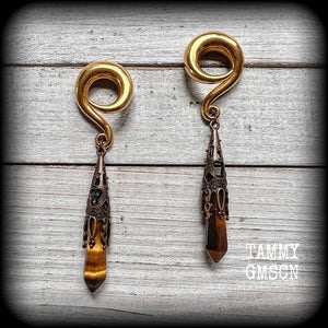 Gemstone ear weights Tigers eye gauged earrings Tiger eye earrings 0 gauge ear weights Ear hangers Gemstone ear weights Ear gauges Stretched libes Stretched ears Gauged earrings Gauged ears 4mm 6mm 8mm 10mm 12mm 14mm 16mm 19mm 22mm 25mm 28mm 30mm