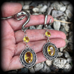 Yellow citrine gauged earrings-Gemstone ear weights