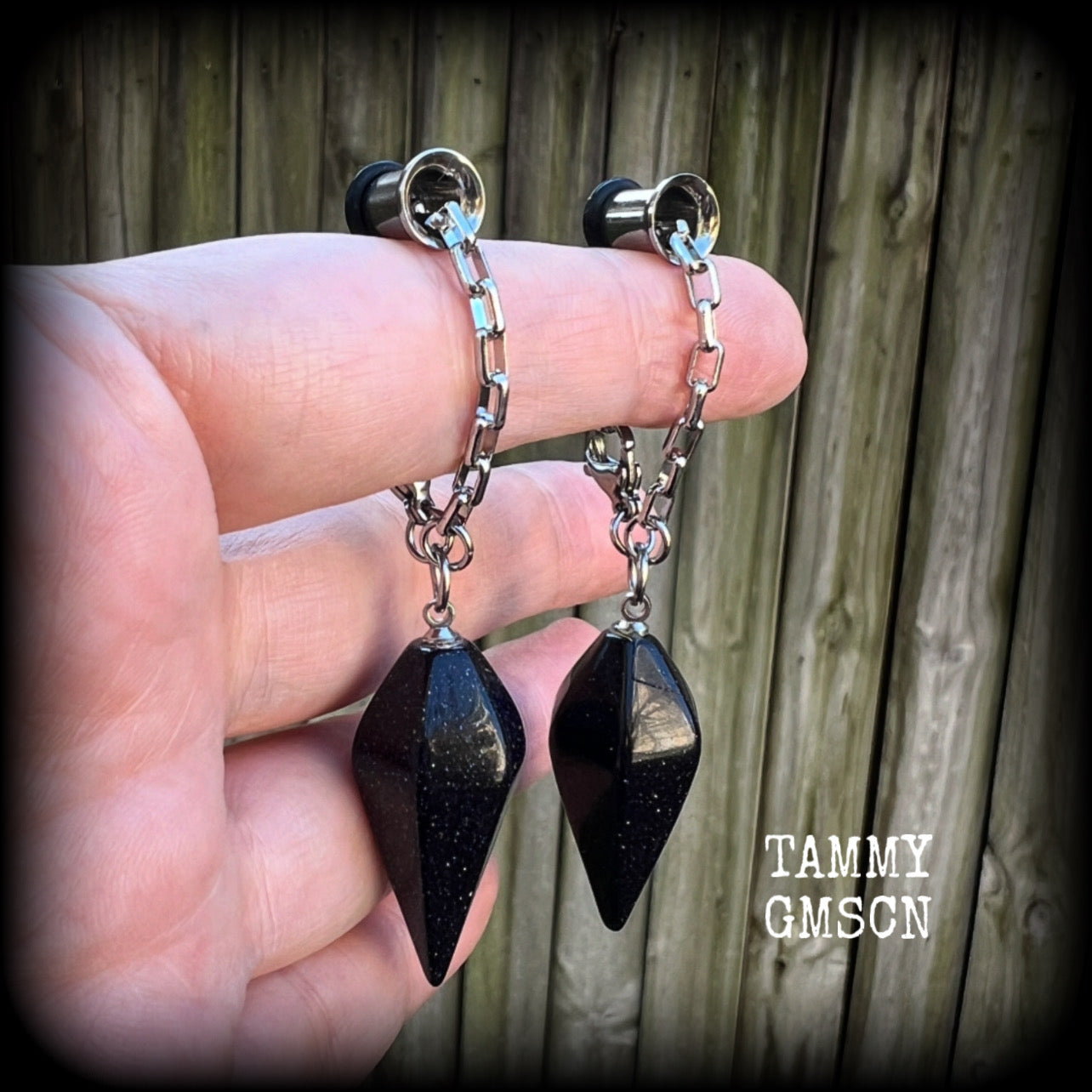 Goldstone pendulum gemstone tunnel dangles-TUNNELS INCLUDED