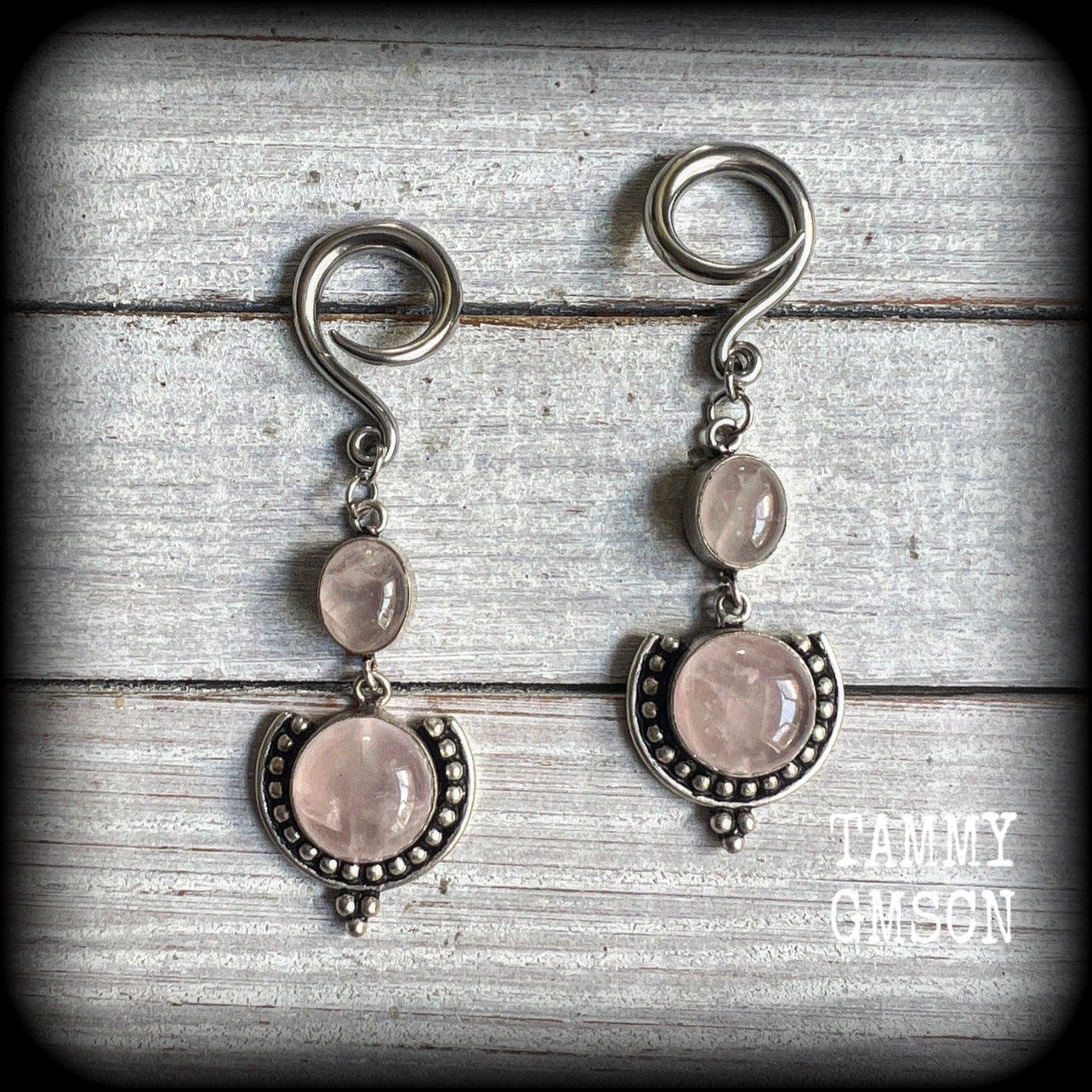 Rose quartz gauged earrings-Gemstone ear weights