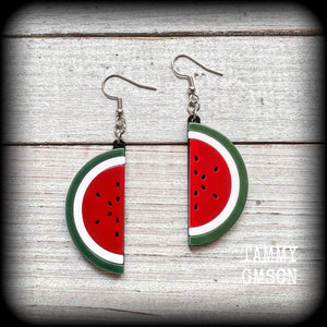 Watermelon earrings Fruit earrings Kitsch earrings Retro earrings Tunnels MCM jewelry Vegan Pierced ears Gauges Retro jewelry Fruit salad Gifts for vegans Novelty earrings Red earrings Bright earrings Colourful earrings Retro jewelry Kitsch jewelry