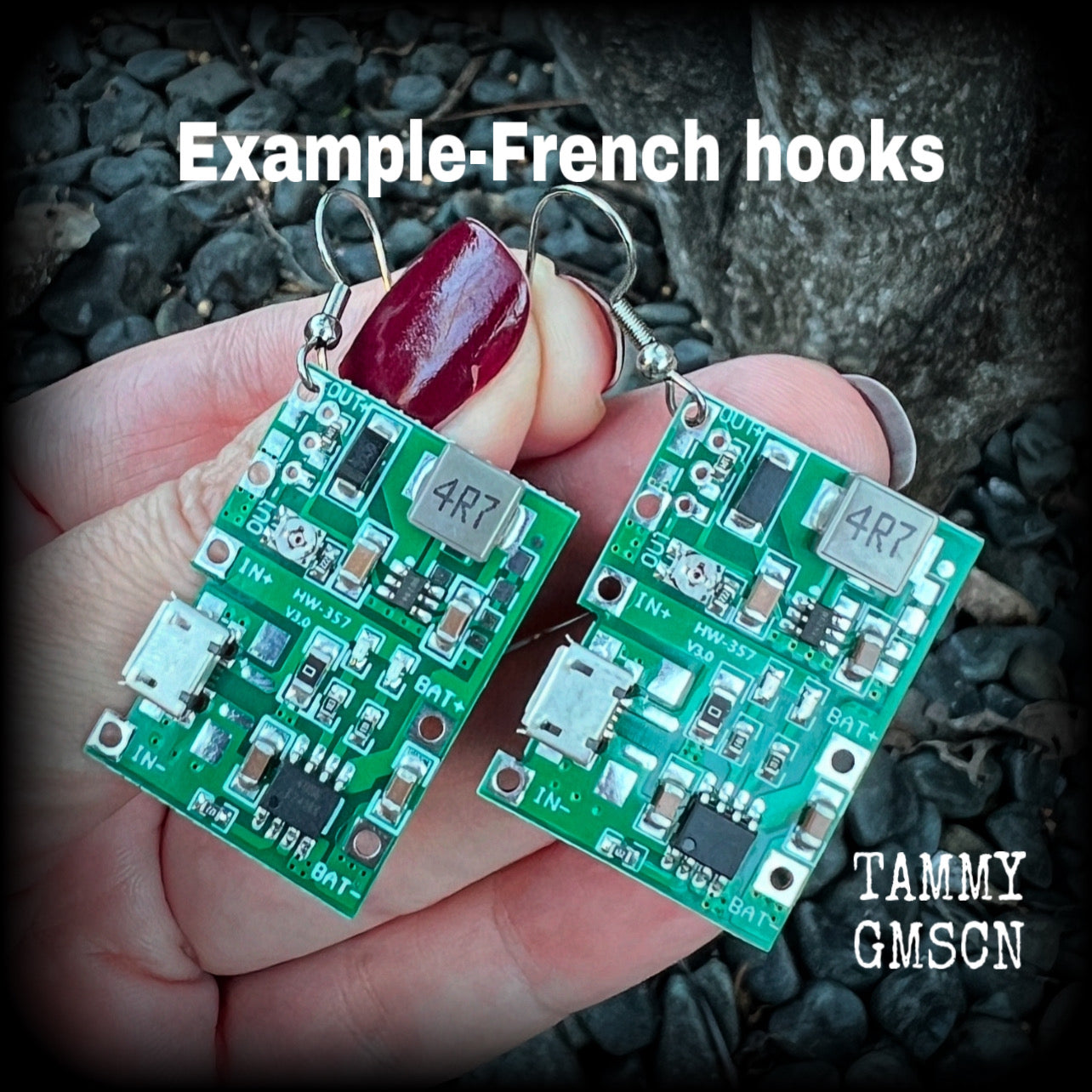 These awesome cyberpunk circuit board earrings measure just under 6 cms from tip to tip, and weigh only a few grams each, these are lovely and lightweight and not too dangly.

This pair has been made on stainless steel french hooks, to be worn in pierced ears.