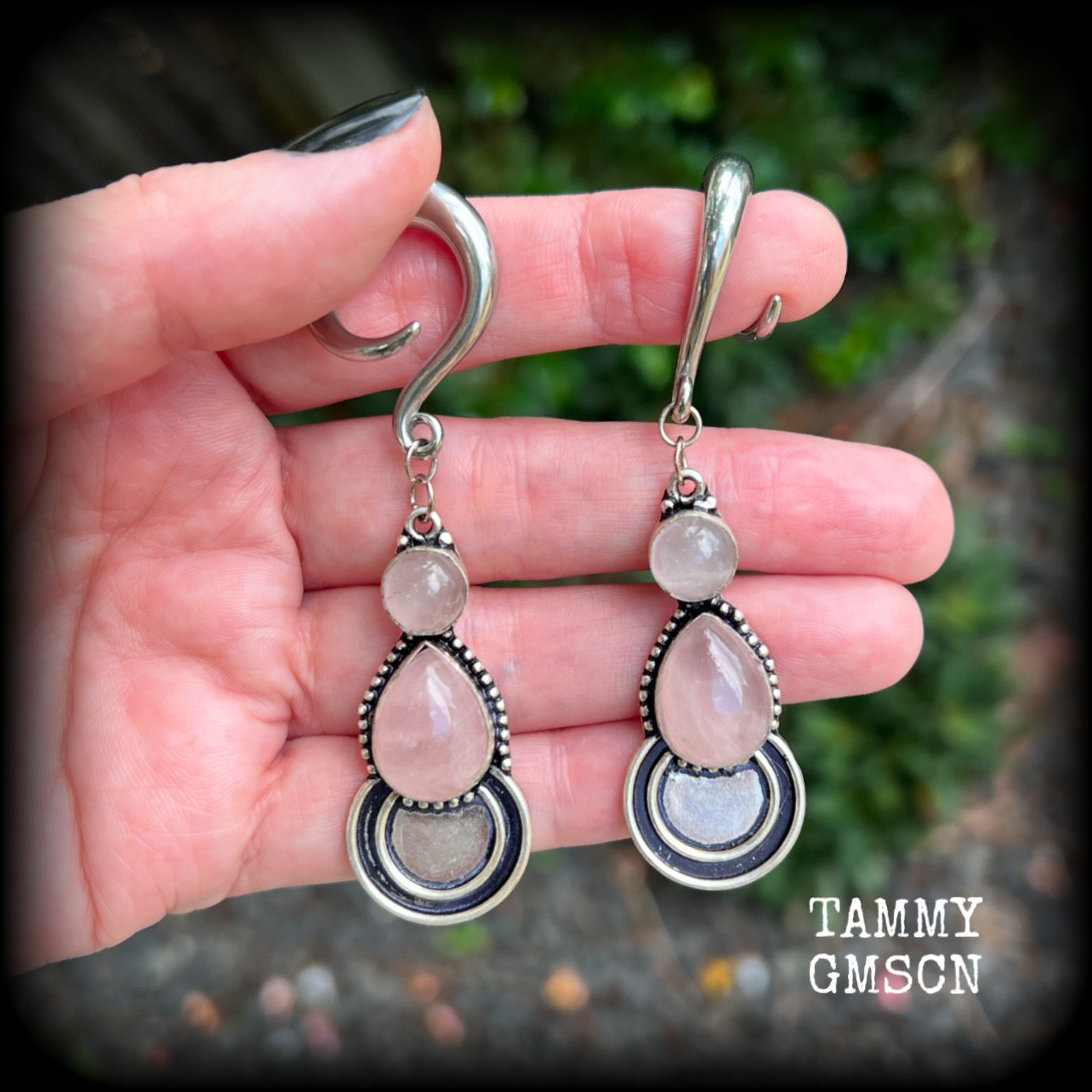 Rose quartz gauged earrings-Gemstone ear weights