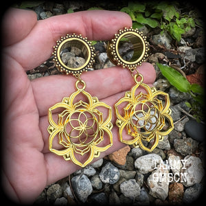 Flower of life earrings Tunnel dangles Tunnel earrings Gauged earrings Ear gauges Geometric earrings Esoteric earrings 16mm tunnels