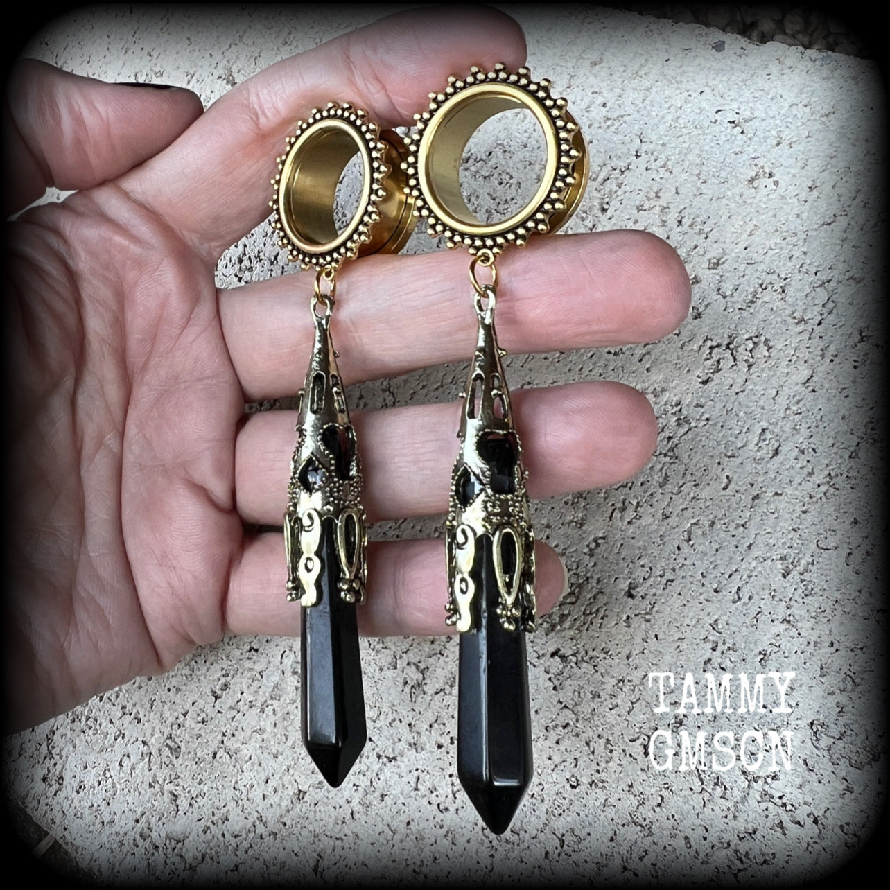 Black obsidian tunnel dangles-Ornate tunnels